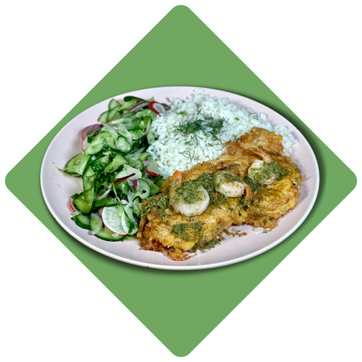 Menkės kepsnys patiekiamas su krevečių padažu