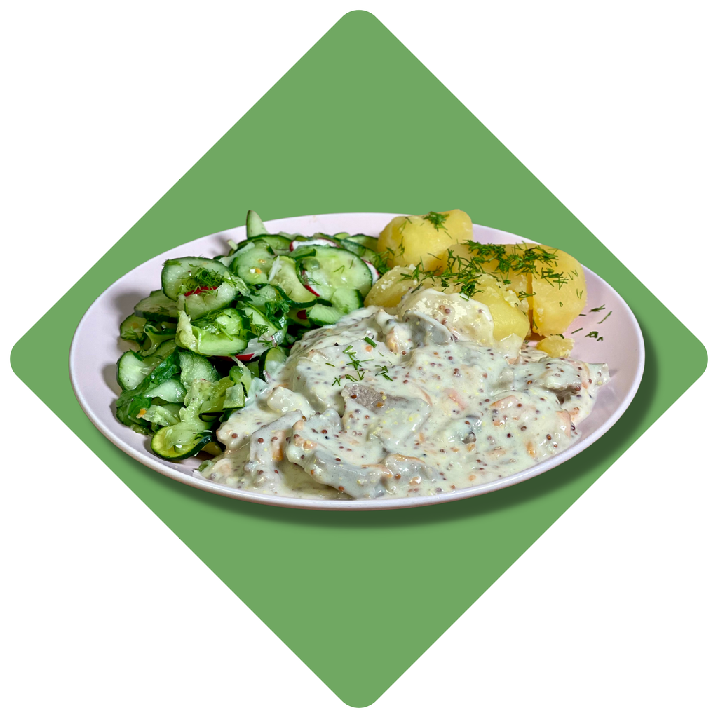 Troškintas kiaulienos liežuvis garstyčių padaže